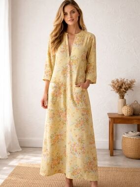 Vintage Maxi Kaftan House Dress Loungewear Yellow Floral Front Pockets